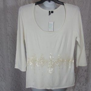 Ivory Scoop Neck Sweater With Bling Sequins  Size L  NWT
